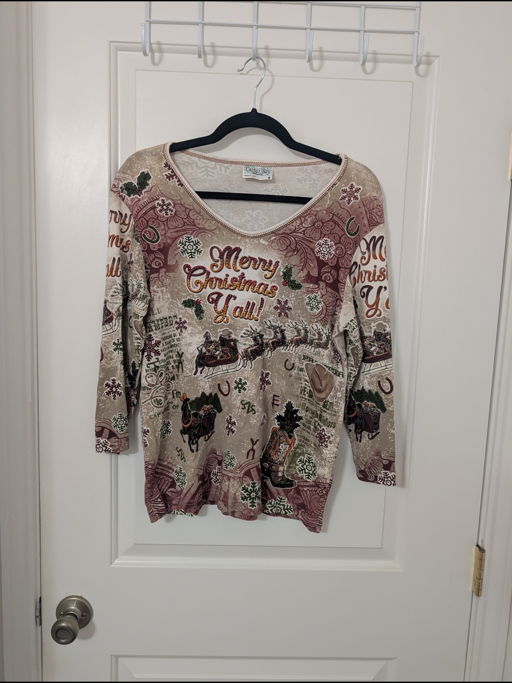 Cactus Bay Merry Christmas Y'all Western Rhinestone Top Size M Made USA